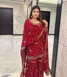 Partywear Dresses Indian, Red Sharara Suit, Pakistani Embroidery, Ladies Party Wear, Red Sharara, Suits For Women Indian, Party Wear Suits, Kalamkari Dresses, Party Wear For Women