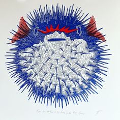 a blue and red drawing of a fish with spikes on it's back end