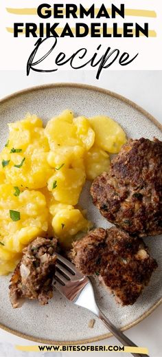 a plate with meat, potatoes and gravy on it that says german fritter