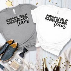 🎩 Celebrate your special day with our custom groomsmen T-shirt! Perfect for groomsmen proposal, bachelor parties, or as a unique groomsmen gift. Choose from various font colors including white, grey, black, sage, charity pink, and gold. Make your bachelor party unforgettable with these personalized tees. Great for Vegas parties 🎉. Show your crew some love and get these custom bachelor gifts today! 🌟 Fabrication: 100% Airlume combed and ring-spun cotton 🧶 🧵 Seams: Side-seamed 🔄 👕 Fit: Retail Fit 🛍️ 📏 Sizing: Unisex Sizing ️ 🏷️ Label: Tear away label 🏷️ 📦 Hassle-Free Ordering Process (FREE SHIPPING FOR ORDERS OVER $35):  1. Select your Size/Style. 2. Choose your shirt Color.  3. Enter your personalization in the space provided. NOTE: Please state exactly what you would like custo Bachelor Party Vegas, Groomsmen Proposals, Bachelor Party Shirts, Groomsmen Proposal Gifts, Groomsmen Gifts Unique, Black Sage, Bachelor Gifts, Camouflage T Shirts, Bachelor Parties