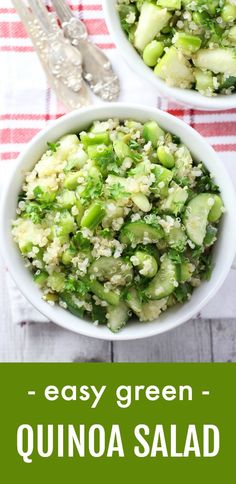 two bowls filled with quinoa salad on top of a table