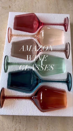 Colorful Kitchen Organization, Wine Glasses Colored, Kitchen Dishes Ideas, Cute Glassware Set, Colored Glass Home Decor, Unique Glassware Modern, Glassware Packaging Design, Amazon Wine Glasses, Eclectic Organic Modern Decor