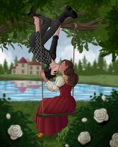 a man and woman are kissing on a swing