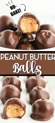 chocolate peanut butter balls are stacked on top of each other