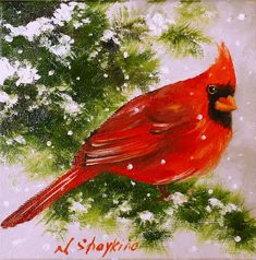 a painting of a cardinal sitting on a tree branch