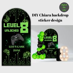 an advertisement for a game console with neon green and black balloons in front of it