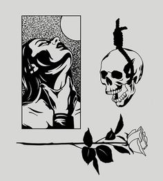 a black and white drawing of a woman looking at a skull on a branch next to a window