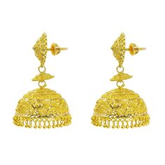 22K Yellow Gold Jhumki Earrings W/ Textured Design & Round Petaled Pendant for women. Add a needed touch of gold to your attire with these lovely earrings, intricately designed with small solid gold balls and a pendant outlined with petal-like details. Each earring is 50 mm long, 27 mm wide and weigh a total of 33.5 grams.