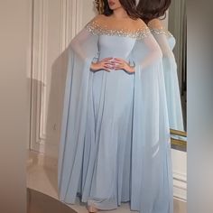 Sequin Embellished Off Shoulder Chiffon Dress, Elegant Long Sleeve Baggy Banquet Evening Dress Boutique Brand Boutique Sizing Chart (Size Tags Are In Letters): Standard Sizes: S (4), M (6), L (8/10), Xl (12), Sold Out Xxl (14) Sold Out !!*Please Note*!! *This Is A Pre-Order Item And Requires A Longer Than Usual Shipping Time. Please Allow 7-14 Business Days Before Shipping.* Please Consider This Time Frame Before Placing Your Order. Thank You For Your Patience And Understanding, As This Helps Us Women Silhouette, 2023 Clothing, Loose Clothing, Blue Evening Dresses, فستان سهرة, Cocktail Evening Dresses, Women's Evening Dresses, A Line Gown, Women Long Dresses