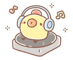 an animal with headphones on top of a turntable and music notes flying around