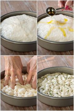 the process of making dumplings in a pan is shown with three pictures showing how to make dumplings