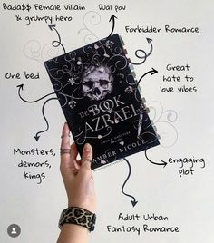 a person's hand holding up a book with the words on it and an image of a skull