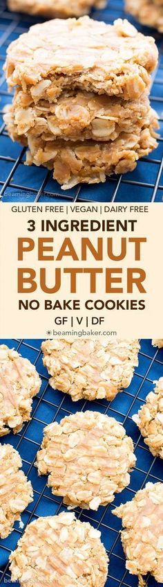 three ingredient peanut butter no bake cookies on a cooling rack with text overlay