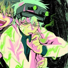 two anime characters one with green hair and the other pink