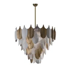 a gold and white chandelier with leaves hanging from it's center point