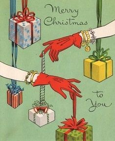 an old fashioned christmas card with presents and hands