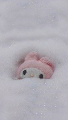 a stuffed animal is peeking out from the snow