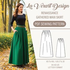 Experience the elegance of the Renaissance with this beautifully crafted wool gathered skirt. Designed to capture the timeless style of the era, this skirt is perfect for historical reenactments, Renaissance fairs, or adding a touch of classic sophistication to your wardrobe. *Compatible with all woven fabrics. *3 meters of fabric is sufficient for this design. *You will need a long invisible zipper. *You will need a button. *Our patterns have seam allowances. * US Sizes: 2, 4, 6, 8, 10, 12, 14, Cotton Skirt Pattern, Maxi Skirt Pattern Free, Maxi Skirt Sewing, Maxi Skirt Sewing Pattern, Long Skirt Pattern, Maxi Skirt Pattern, Long Cotton Skirt, Skirt Pattern Free, Boho Maxi Skirt