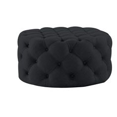 a black ottoman that has buttons on the front and back legs, with a white background