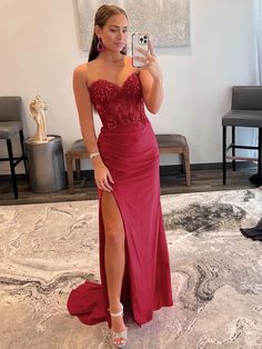 Ballkleid Etuikleid Trägerlos Herzausschnitt Lang mit Schlitz Burgundy Prom, Prom Dresses Long Pink, Green Corset, Corset Dress Prom, Strapless Sweetheart Neckline, Sweetheart Prom Dress, Burgundy Prom Dress, Corset Bodice, Corset Lace