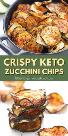 crispy keto zucchini chips in a cast iron skillet with text overlay