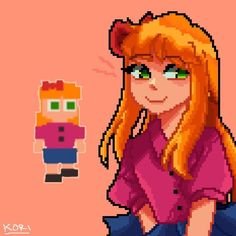 a girl with long red hair and green eyes standing next to a pixel art character