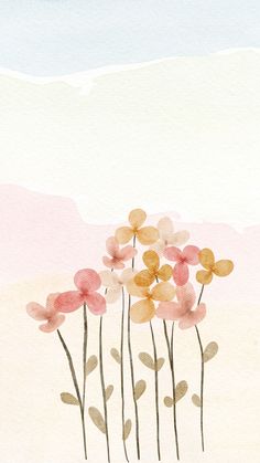 watercolor painting of pink and yellow flowers in front of a blue sky with clouds