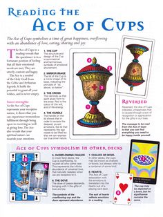 an advertisement for the ace of cups card game, with instructions on how to use it