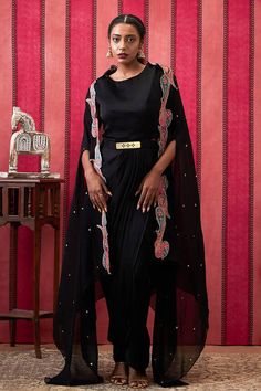 Black draped maxi dress with a belted waistline. Paired with a longline cutwork paisley embroidered jacket. - Aza Fashions Dress With Applique, Cape For Women, Applique Work, Drape Maxi Dress, Black Drapes, Black Satin Dress, Satin Color, Dress Satin, Draped Dress