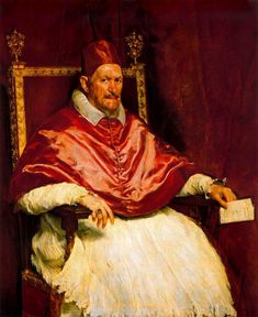 a painting of a man sitting in a chair wearing a red and white robe, with his hands on his knees