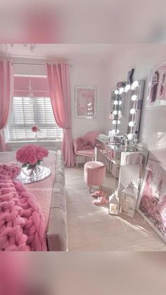 a bedroom with pink furniture and curtains