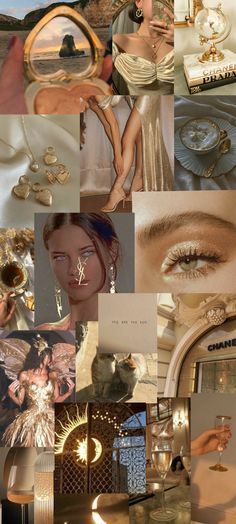 the collage shows many different types of jewelry and accessories in various pictures, including a woman's face