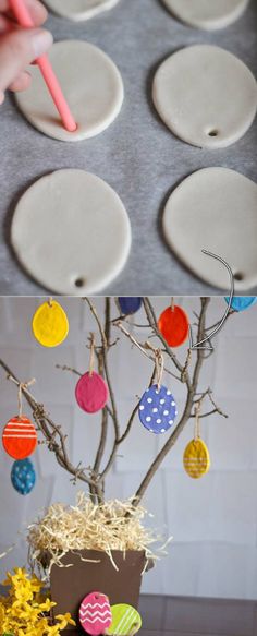 an easter tree made out of clay and decorated with colored eggs is shown in the process of making it