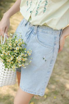 Summer Flowers Embroidered Shorts (Light Denim) Blue High Waist Floral Embroidered Jean Shorts, Casual High-waist Embroidered Jean Shorts, Floral Embroidered Denim Jean Shorts, High-rise Embroidered Denim Shorts, High-waisted Blue Jean Shorts With Floral Embroidery, High Waist Short, Flowers Embroidered, Female Shorts