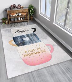 a rug with coffee cups on it and the words coffee is a cup of happiness