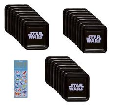 six star wars stickers are shown on the back of a black lunch box and in front of a white background