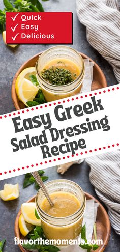 easy greek salad dressing recipe on a plate with lemons and parsley in the background