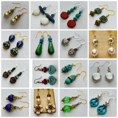 many different types of earrings are shown here