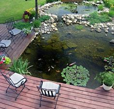 a deck with chairs and tables next to a small pond filled with water lilies