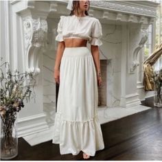 Questions? Leave A Comment Below! White Ruffled Full Maxi Skirt, Maxi Skirt And Top Set, Cream Flowy Ruffled Maxi Skirt, White Flowy Ruffled Maxi Skirt, White Voluminous Maxi Skirt, Maxi Skirt And Top, White Lace Tiered Maxi Skirt, Ruffled Maxi Skirt, Ruffle Maxi Skirt