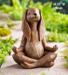 a wooden statue of a dog sitting in a yoga pose on a stone path surrounded by greenery