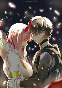 two anime characters one is kissing the other has pink hair and white skin on his face