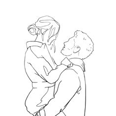 a black and white line drawing of a man holding a woman's head in his arms