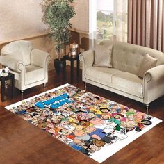 a living room with couches, chairs and a rug covered in cartoon characters on the floor