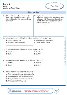 a worksheet with answers for the number and place value word problems on it