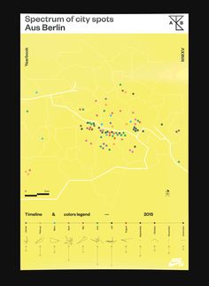 a yellow map with dots on it and the names of different locations in each region