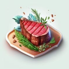 a piece of steak on a cutting board with herbs and spices around it, surrounded by leaves