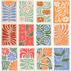 an assortment of different colored flowers and leaves in square patterns on white background stock photo