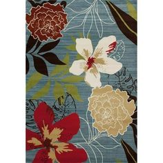 an area rug with flowers and leaves on blue ground, including one large flower in the center