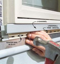 a person holding a hammer next to a window sill with different parts labeled on it